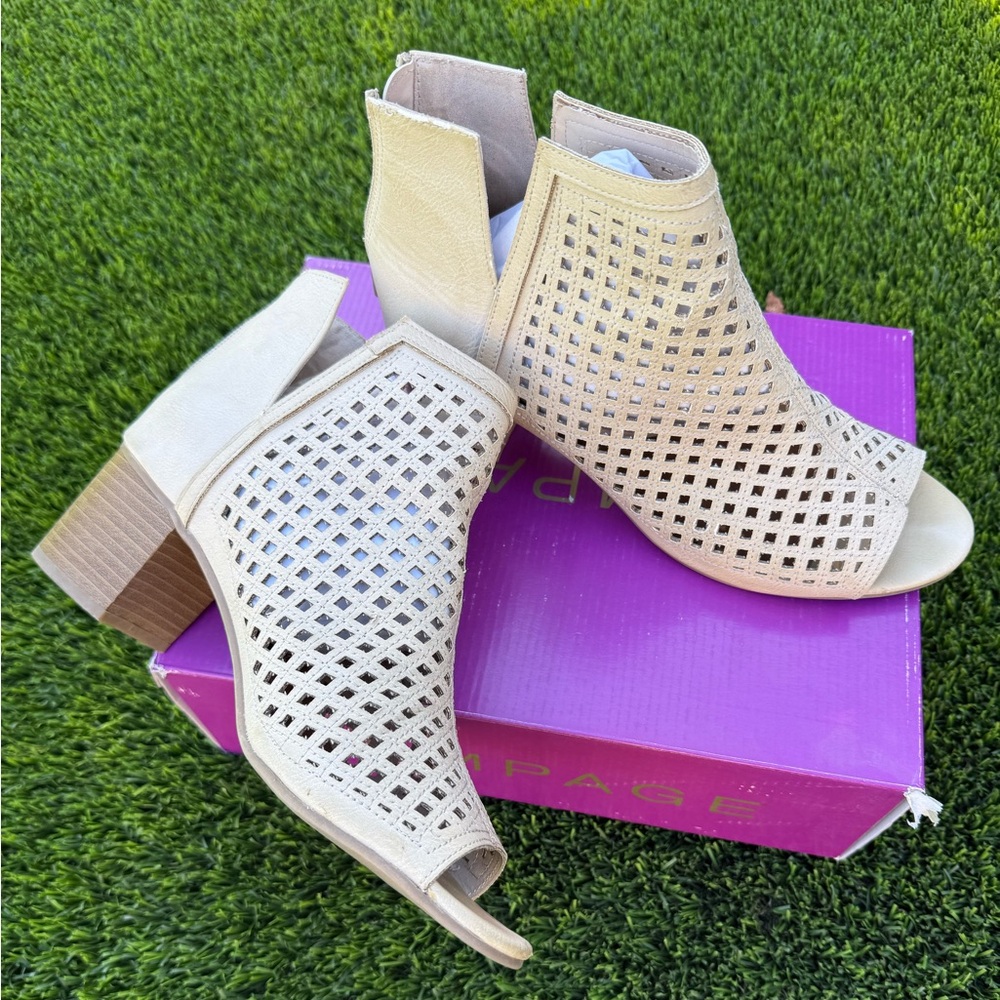 Rampage Rylee Bone Colored Perforated Peep-Toe Block Heel Booties - Women